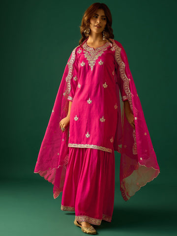 Zari Work Kurta With Sharara And Dupatta